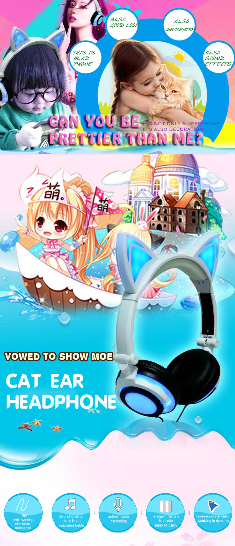 charging lighting cat ear headphone for kids 