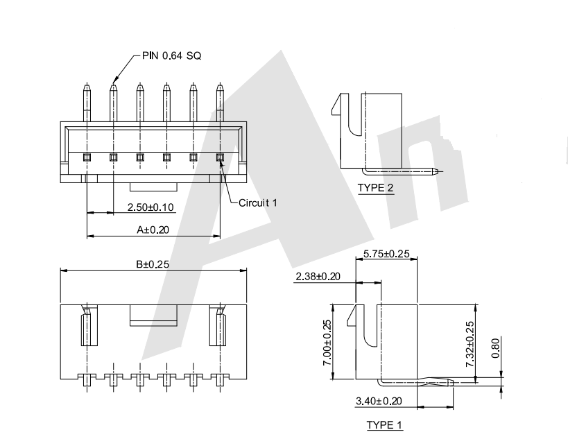 2,50 mm Pitch 90 ° Série de conector de wafer AW2512VRA-XP