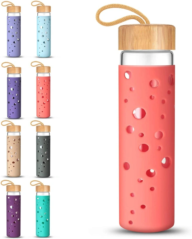 Hot Sale High Quality Borosilicate Bamboo Lid Glass Water Bottle with Silicone Sleeve