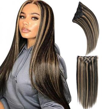 Clip In Hair Extensions Real Human Hair Straight Human Hair Extensions Clip Ins Piano #1B/27 Highlight Blonde 100% Human Hair