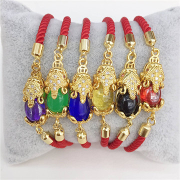 Vintage Style 18k Gold Plated Pixiu Bracelet with Real Gemstones: Red String, Purple, Green Jade, and Lucky Money Symbol for Feng Shui