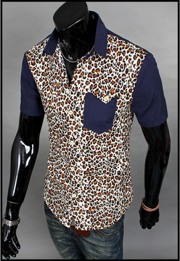 Men's leopard print short sleeve splicing shirt