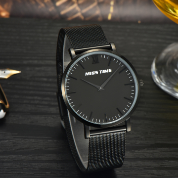 black stainless steel back case band mesh quartz watch