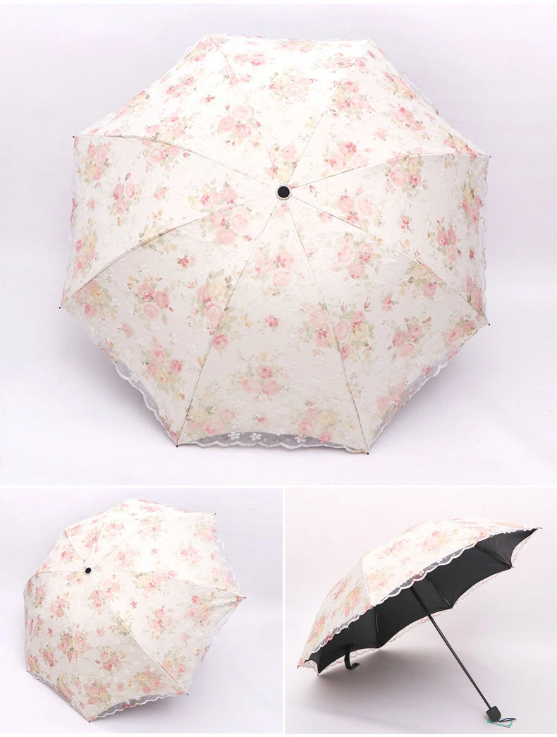 Lace Embroidery Wedding Black Coating 5 Fold Sun Umbrella