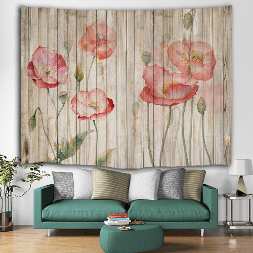 Vintage Planks with Red Flower Tapestry Wall Hanging Vertical Striped Wooden Board Wall Tapestry for Livingroom Bedroom Dorm Hom