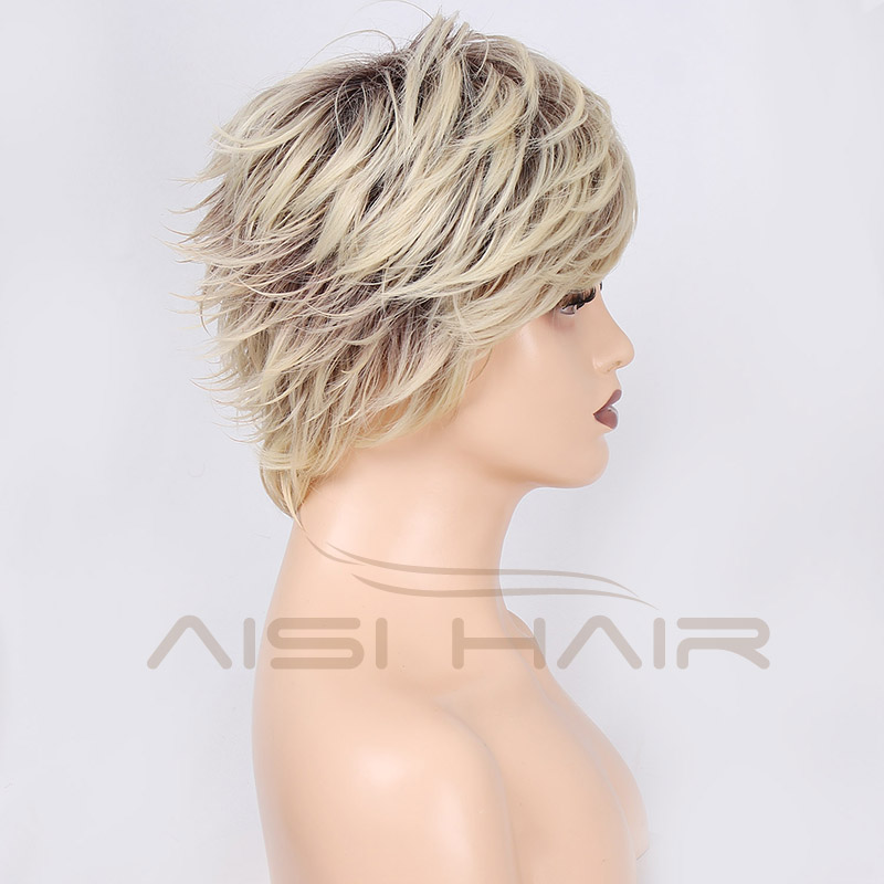 Aisi Hair Wholesale Short Straight Pixie Cut Wigs With Brown Roots For Women Ombre Blonde Heat Resistant Cheap Wig