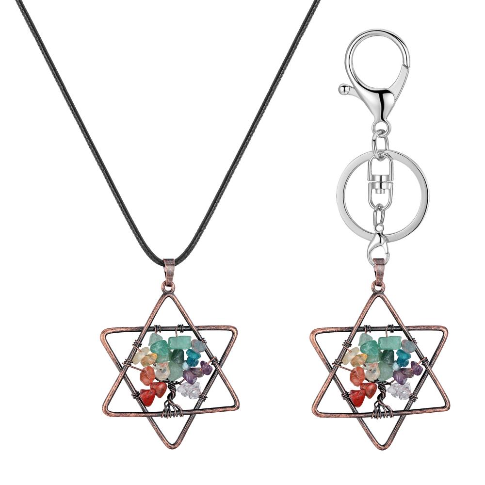 Collar con colgante de árbol de la vida con pentagrama, joyería de moda con piedras caídas de Chakra de cristal para mujeres y niñas