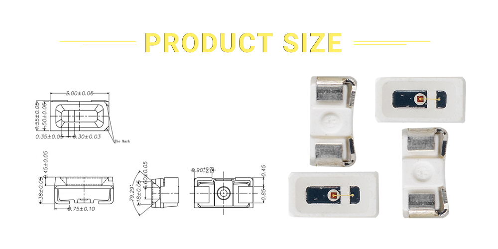 Size of 3015FYC58D3L14 Super Bright 580nm Yellow LED Side Emitting LED