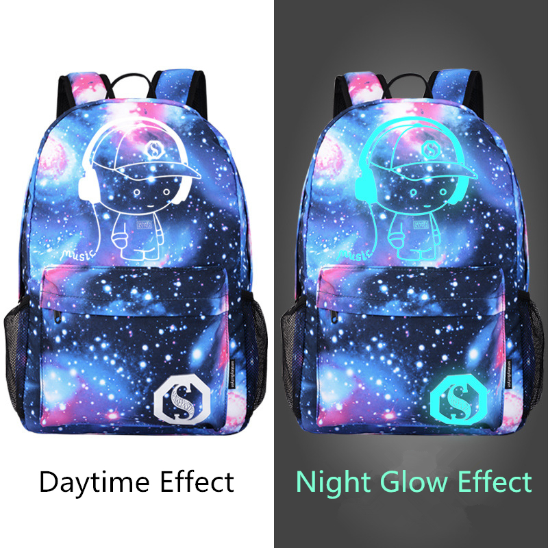 Hot Unisex Fashion Galaxy Anime Luminous Backpack Outdoor Daypack School Backpack dengan USB Charing Port