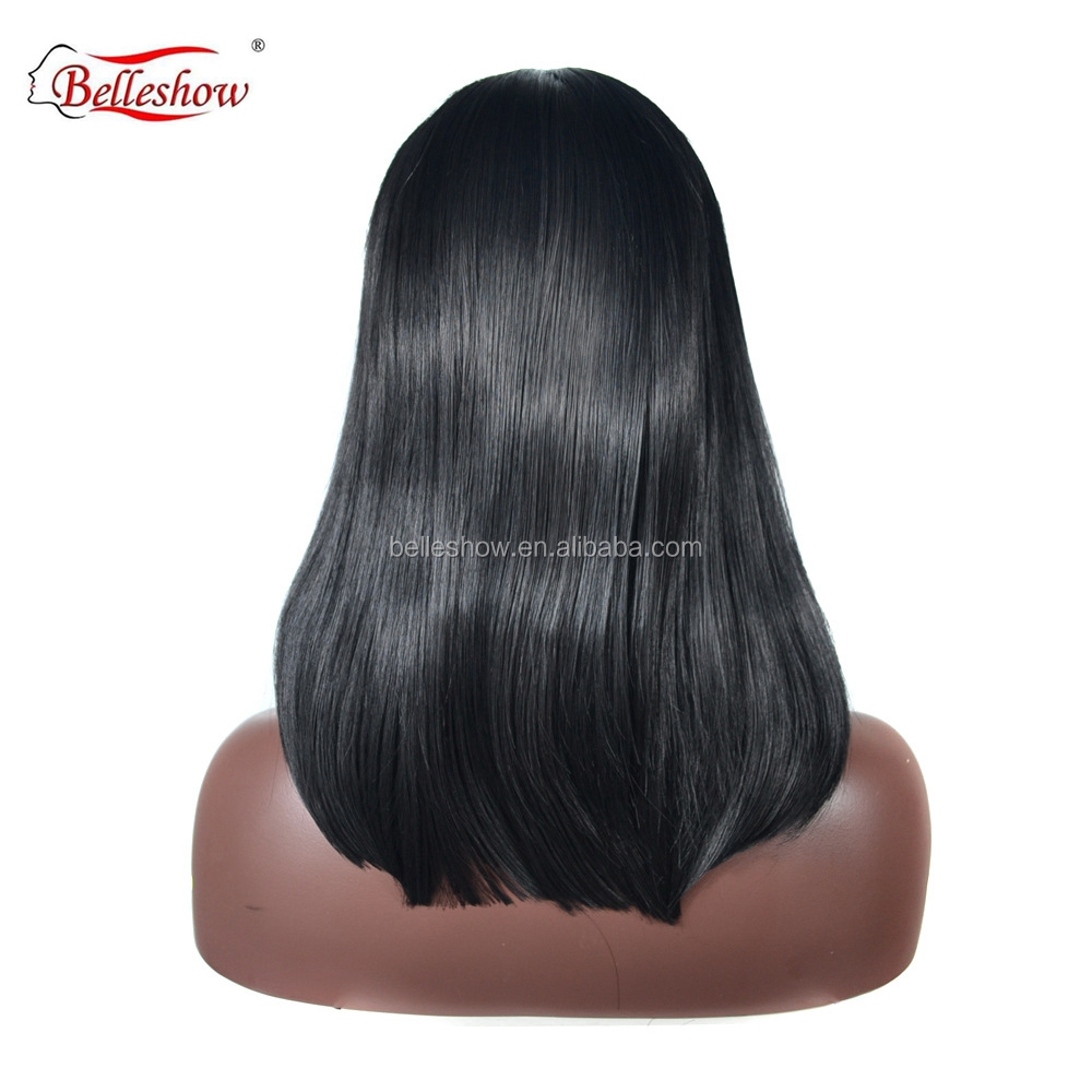 Hot sell Wholesale medium-length bobo head wig cheap synthetic lace front hair wig  black long hair wig