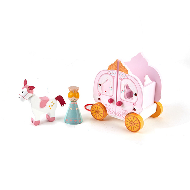 Wooden Lovely Cinderella Doll Royal Pink Horse Carriage Toy For Kids