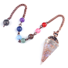 Clear Crystal Chip Stone Resin Antique Bronze Hexagonal Cone Pendant & Pendulum 7 Chakra Chain