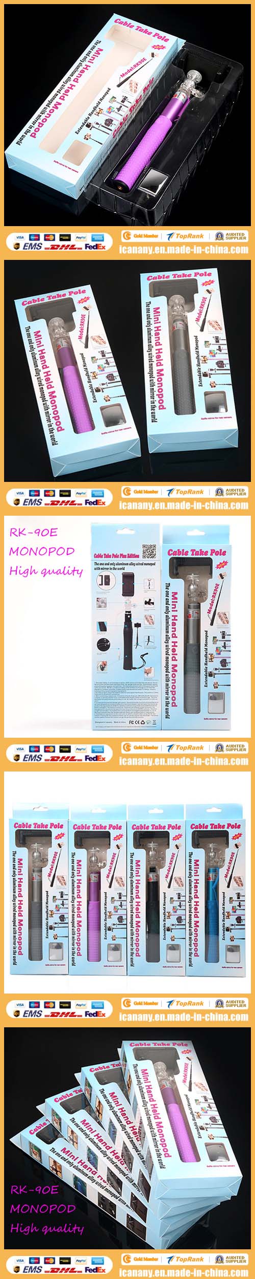 2015 Factory Supply Wholesale Monopod Rk90e Wired Cable Take Pole Selfie Stick Remote Monopod, Wire Monopod Selfie Stick