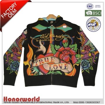 BSCI approved factory Men's zip sweatshirt with hood and multicoloured all-over print / mens sweatshirt / printed sweatshirt