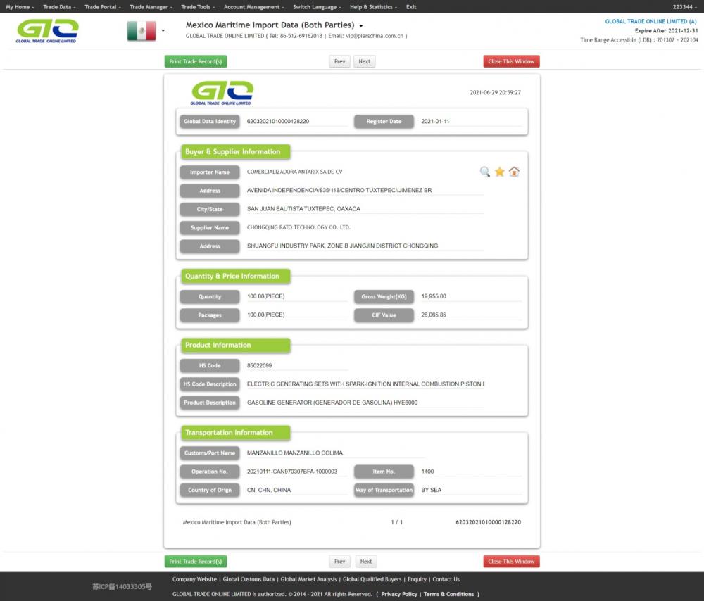 Importación de datos personalizados de EE. UU. Del GENERADOR DE GASOLINA