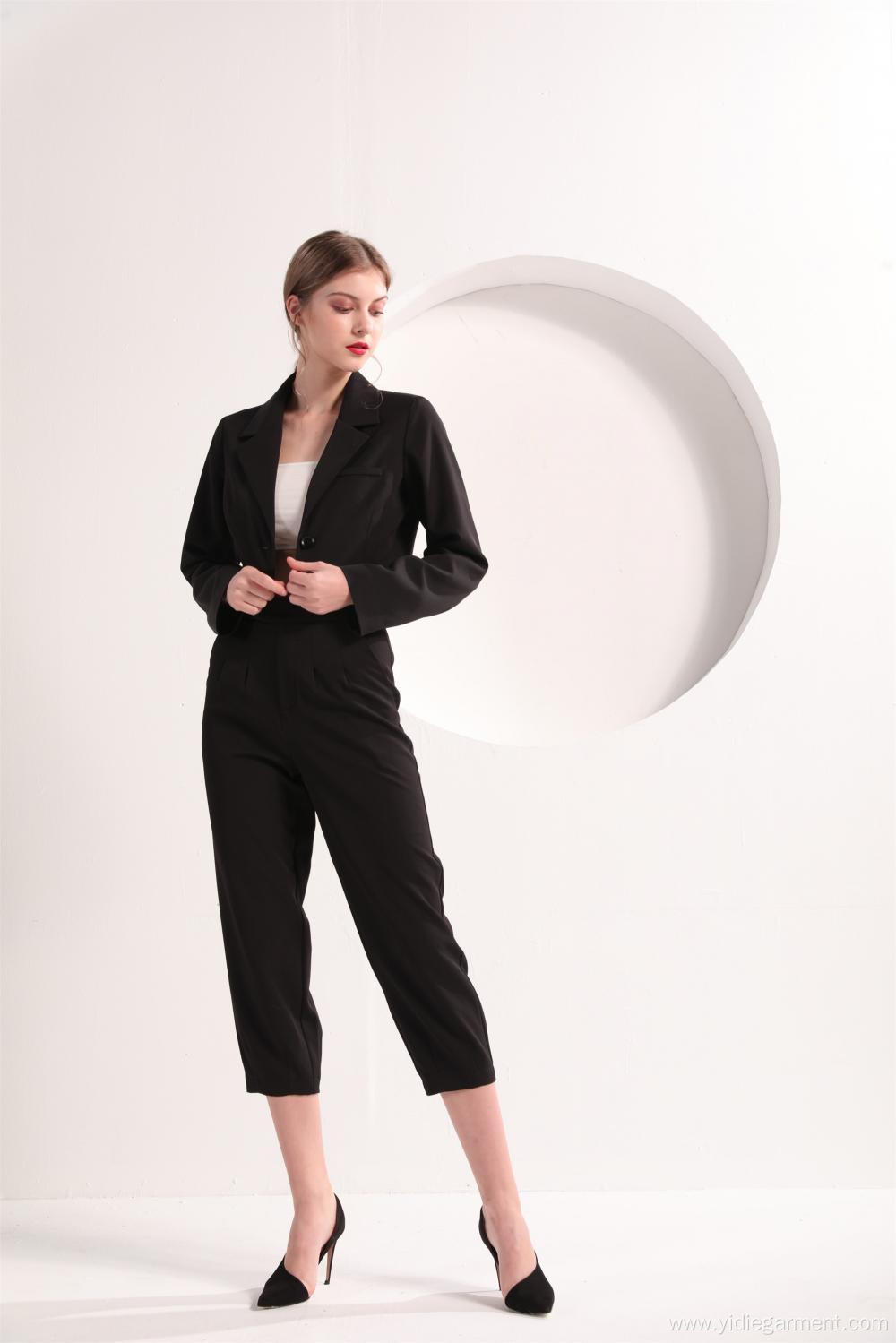 Ladies' Black Color Cropped Blazer and Trousers