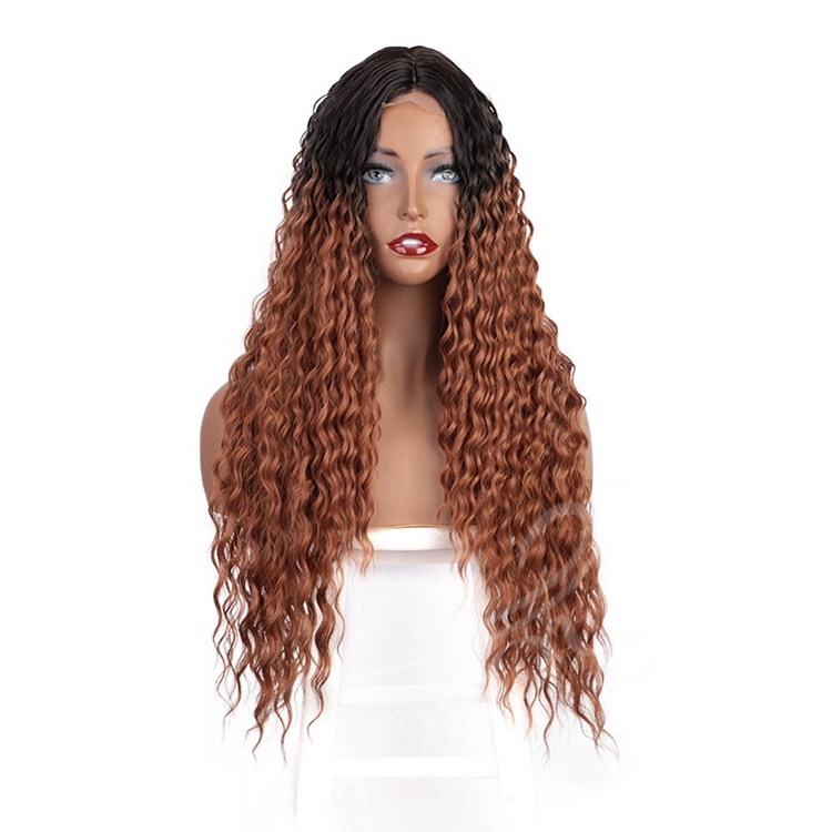 Vigorous High Quality Temperature Root Black Ombre Brown Small Lace Frontal Deep Wave Synthetic Hair Wig For Women