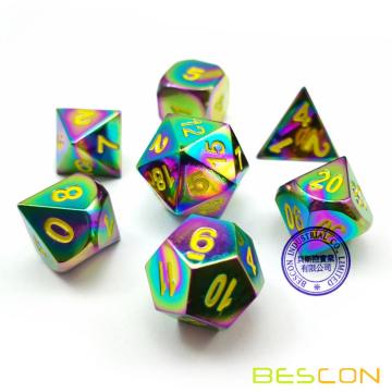 Bescon Fantasy Rainbow Solid Metal Dice Set of 7, Heavy Duty Rainbow Metallic Polyhedral D&D Role Playing Game Dice