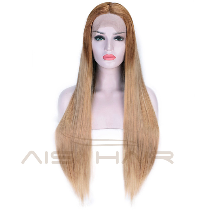 Aisi Hair Ombre Brown Lace Front Long Straight Wig High Temperature Fiber Synthetic Silk Straight Lace Front Long Wigs for Women