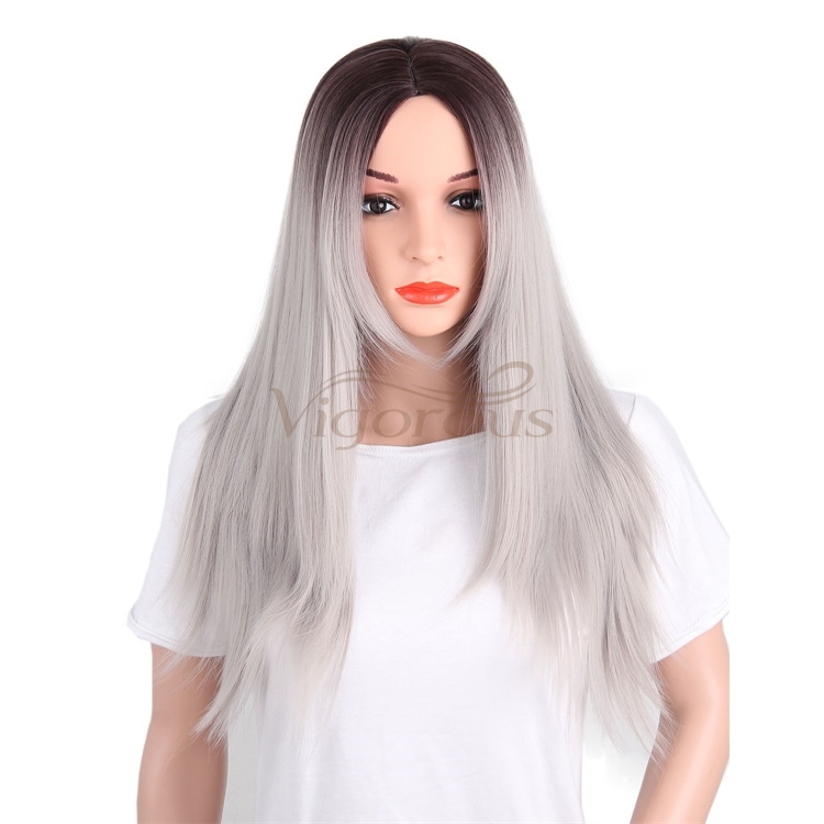 Vigorous Middle Part Straight Synthetic Wig Ombre Dark Root To Silver White Wig Heat Resistant Fiber Long Cosplay Wig For Women