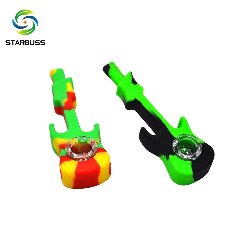 Guitar shape design silicone weed smoking pipe tobacco colorful weed pipe with glass bowl smoking accessories