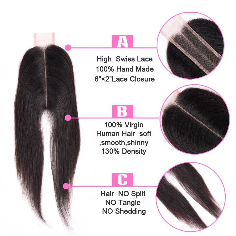 virgin hair 2*6 middle part lace closure new fashion Kim k straight lace closure for women Brazil hair closure