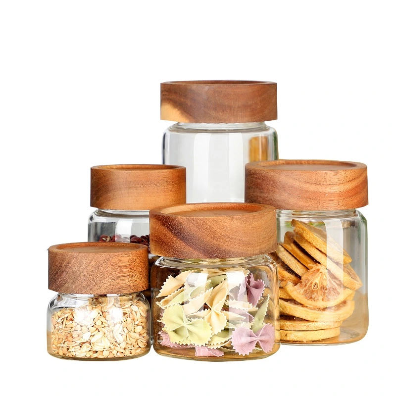 Customized Size Clear Round Glass Jars with Acacia Wood Lids