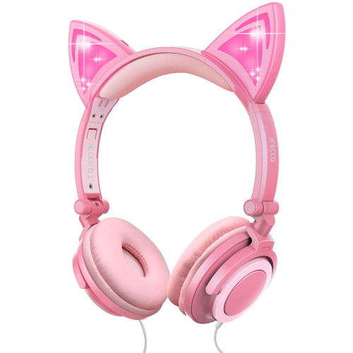 Auriculares de oreja de gato con cable con luces brillantes para niños