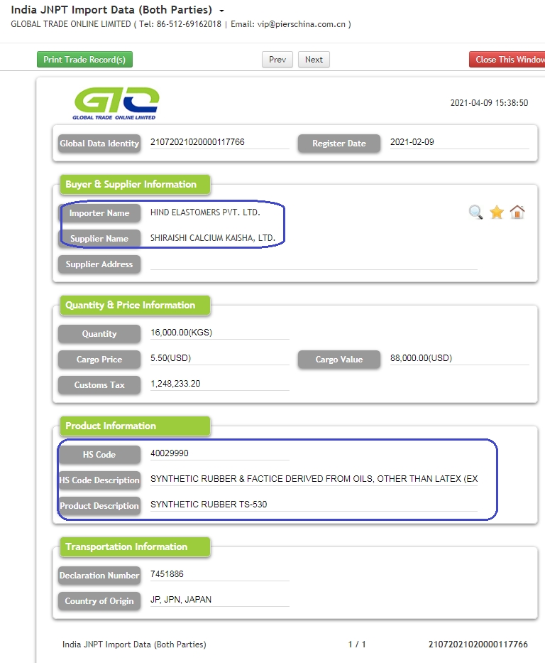 합성 고무 인도 JNPT 수입 데이터