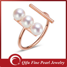 Wholesale 18k solid rose gold three pearls opened ring jewelry design