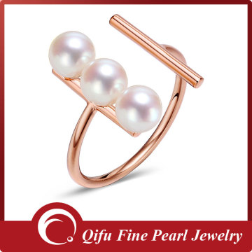 Wholesale 18k solid rose gold three pearls opened ring jewelry design