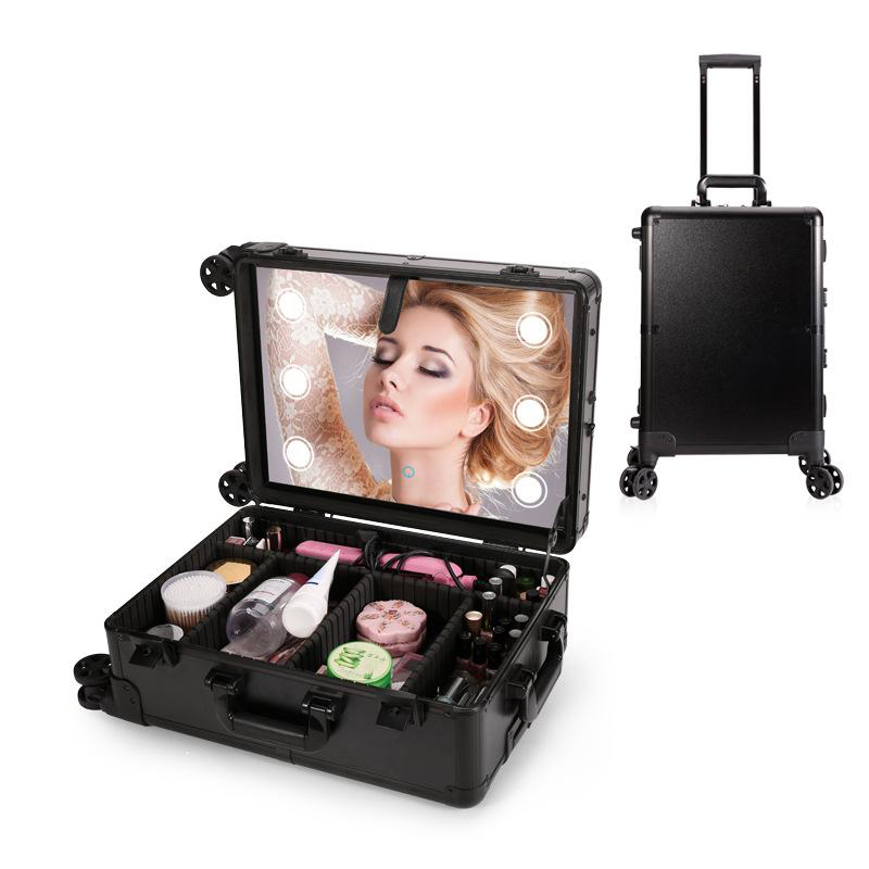 LED Makeup Train Case Lighted Rolling Travel Portable Cosmetic Organizer Box with Mirror and 4 Detachable Wheels Black