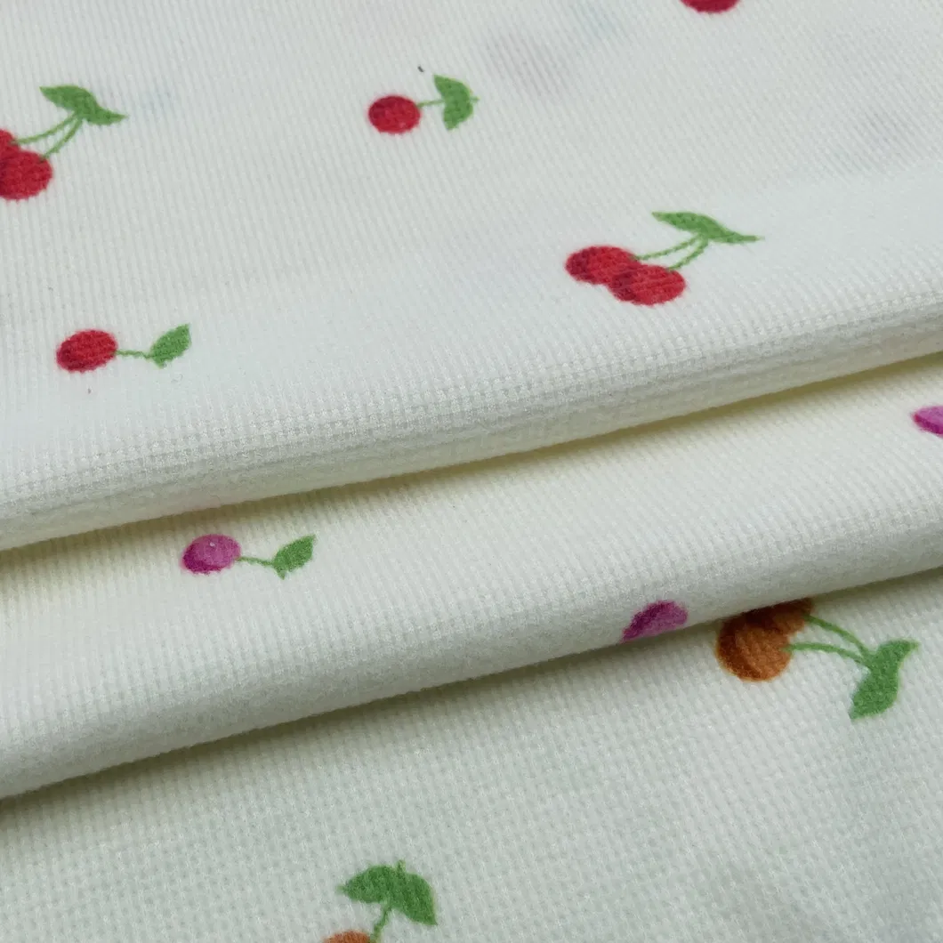 แปรงหน้าพิมพ์เชอร์รี่น่ารัก DTY ผ้าสแปนเด็กซ์วาฟเฟิลถักผ้าสำหรับตัดเย็บเสื้อผ้า