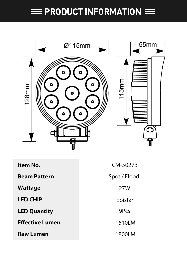 Round 4.5"   27w 9  pods  led flood spot work light, offroad truck ATV UTV universal  led work light