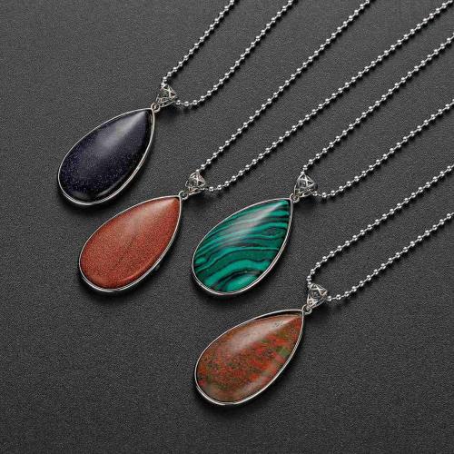 Natural Gemstone & Crystal Steel Stainess Waterdrop Pendant 47x25x8mm