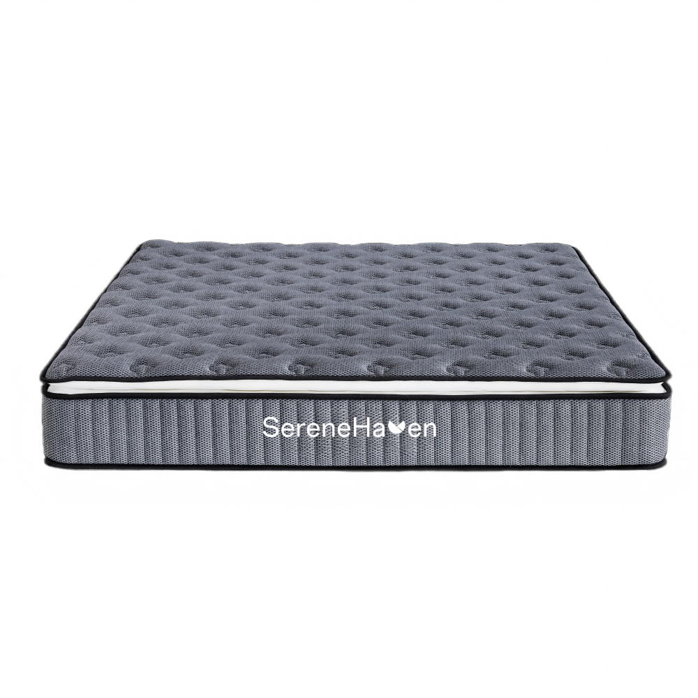 SereneHaven SF-2512 28,5cm Túi lò xo sang trọng chống cháy Nhìn từ phía trước SereneHaven SF-2512 28.5cm fire-resistant plush pocket spring mattress with ASTM 1633 cotton tiger-mouth edge for North American family bedrooms