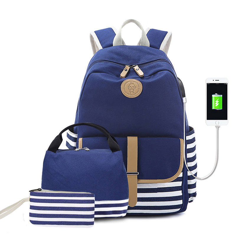 Amazon hot sale foldable usb charging unisex school bag navel blue vintage cotton canvas backpack bag set