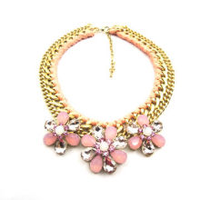Three Flowers Woven Statement Necklace, Gold Finish