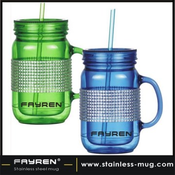 24OZ Double wall plastic mug with handles and lid plastic mug with straw