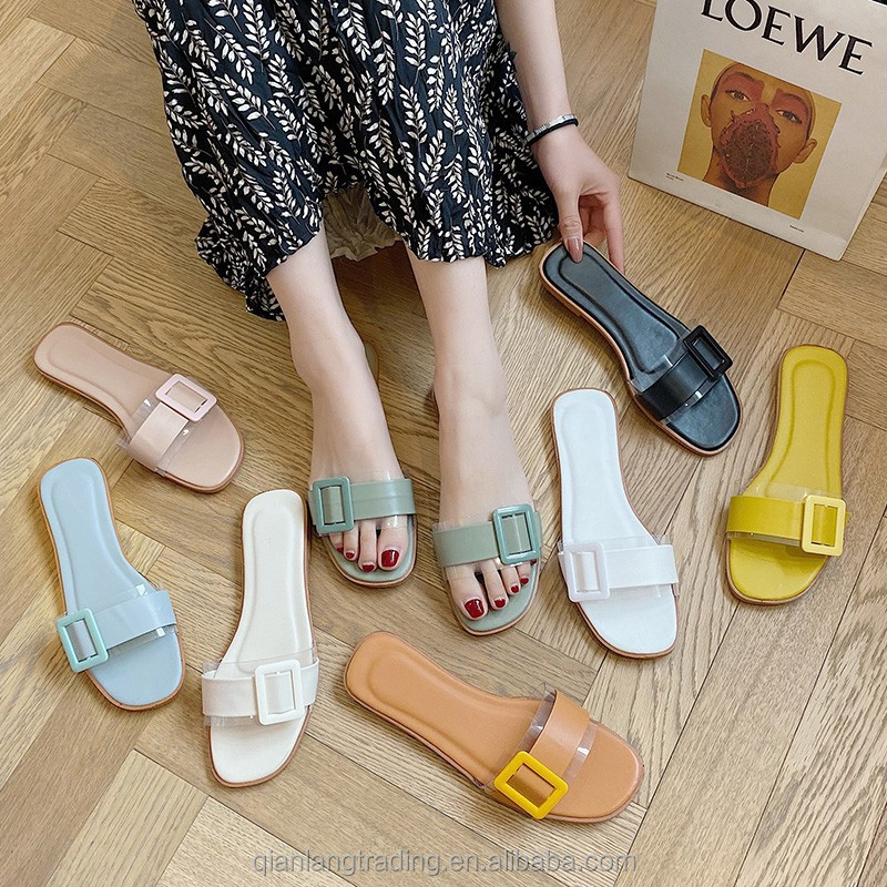 2021 summer Fashion Design Light Weight Outdoor Flat Ladies h shape slipper for women slide with  button women sandals