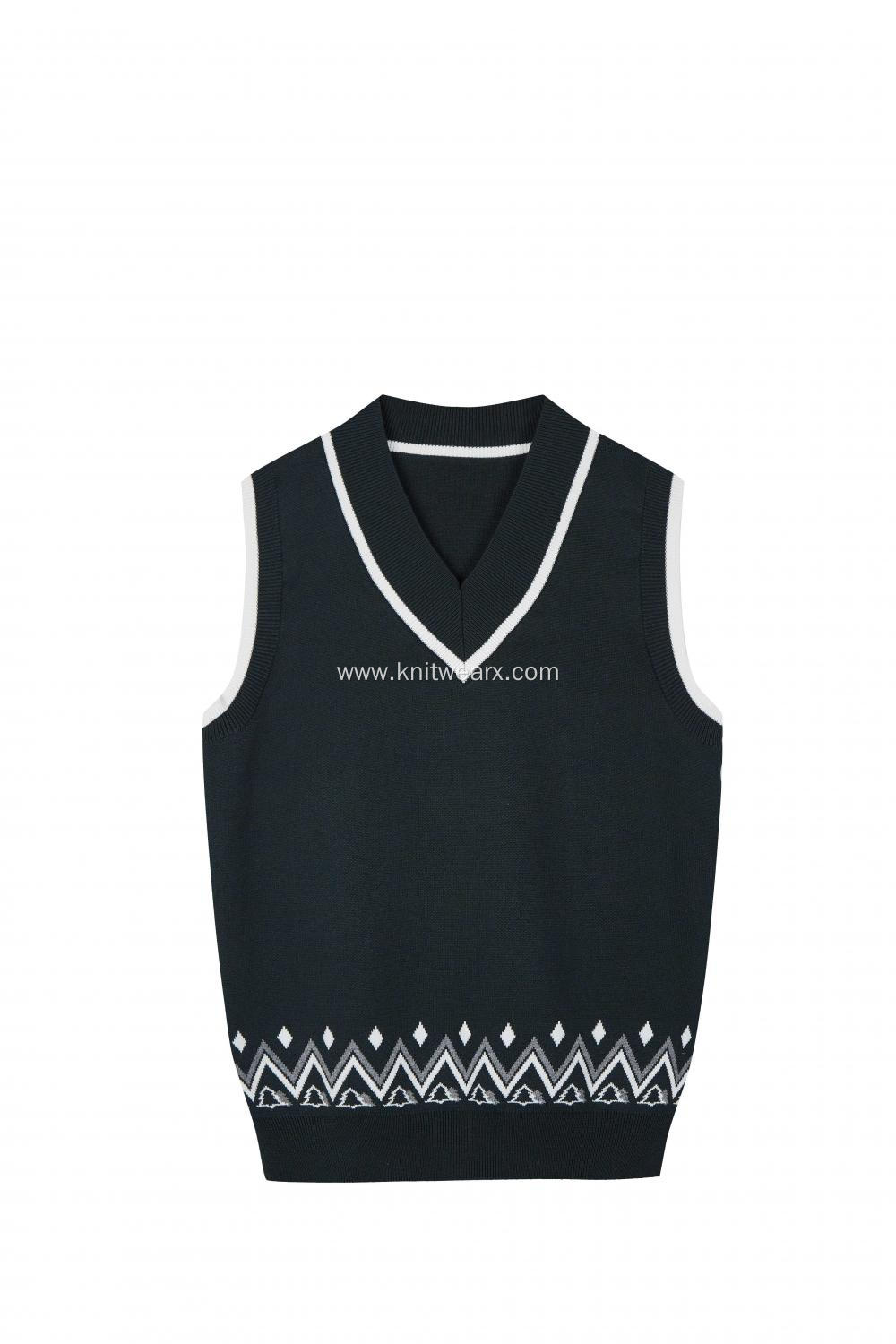 Boy's Knitted Jacquard Hem Stripe Neck School Vest