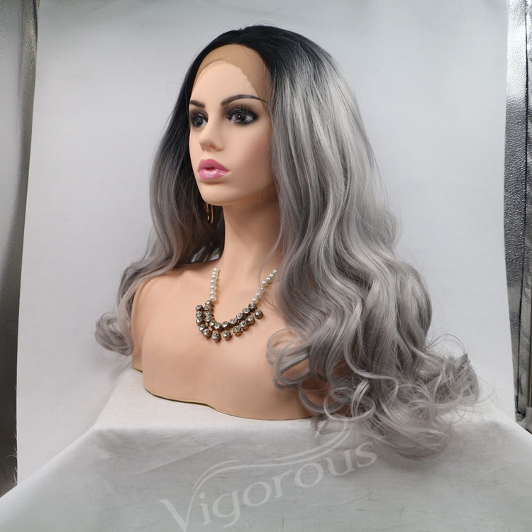 Cheap Suppier Long Water Wave Middle PartHot Sale For Women Heat Resistant Ombre Grey Fiber Synthetic 13*3 Lace Frontal Wig