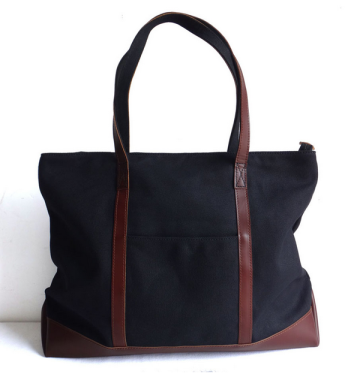 Vintage black messenger tote bag canvas with leather straps