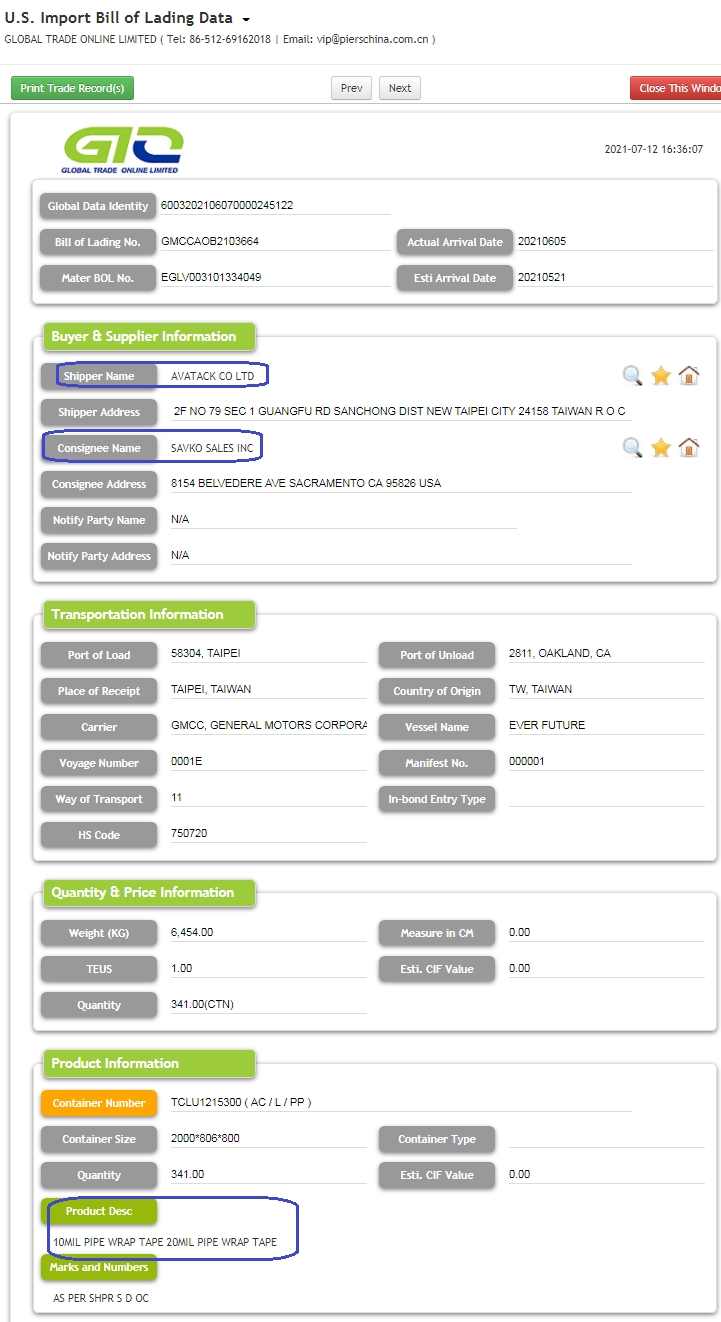 I-wrap ang tape - USA Import trade data.