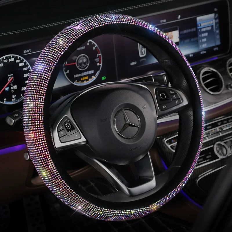 Bling Rhinestones rattskydd med Crystal Diamond Sparkling Car SUV Breattable Anti-slip rattskydd