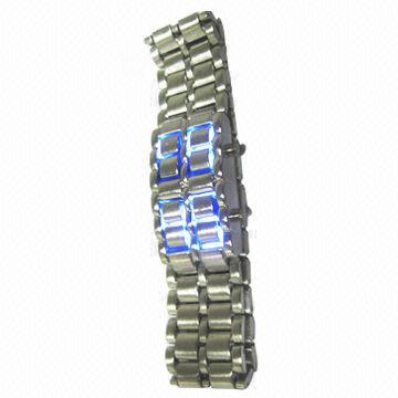 Silver Iron Samurai LED Watch with Volcanic Lava, LED Movement with Blue Light