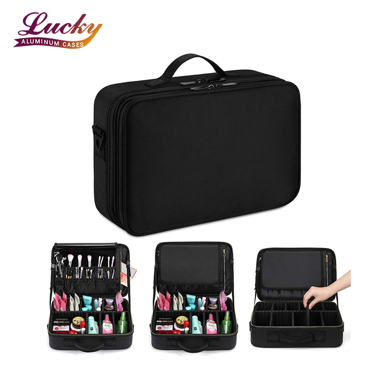 Travel Makeup Bag 3 Layers Professional Train Cosmetic Case Organizer with Shoulder Strap L size Black