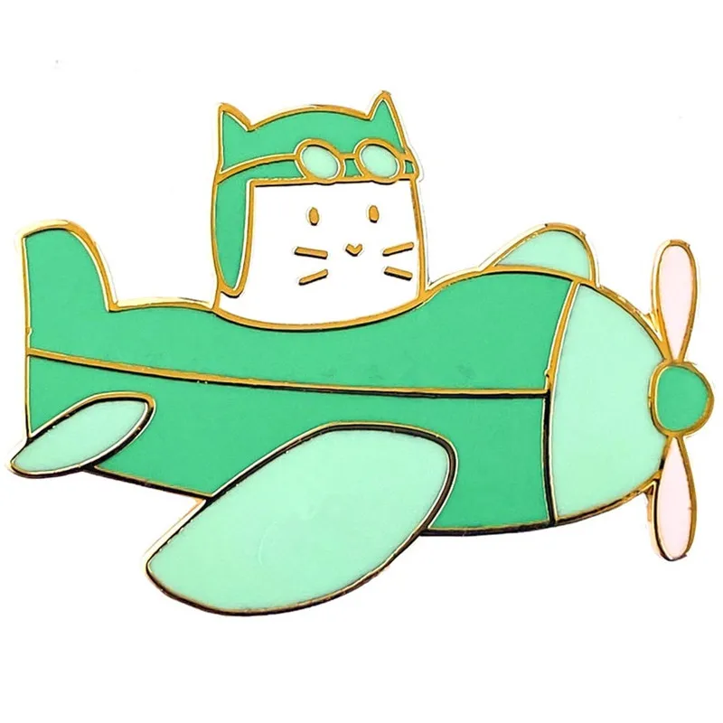 cat plane enamel pin