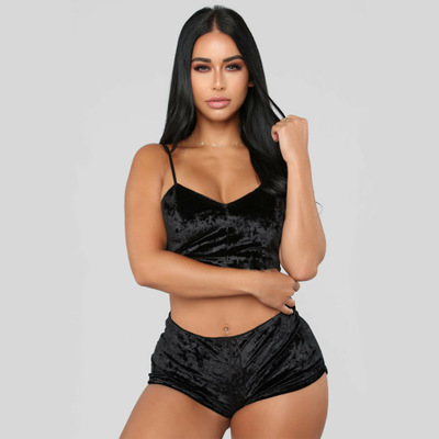 New Fashion Women Sexy Velvet Pajama Sets Ladies Lace V-Neck Crop Tops Shorts 2Pcs Sleepwear Lingerie Pajamas Sets