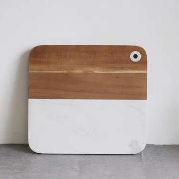 Creative Rectangle White Marble & Wood Cutting Serving Board
